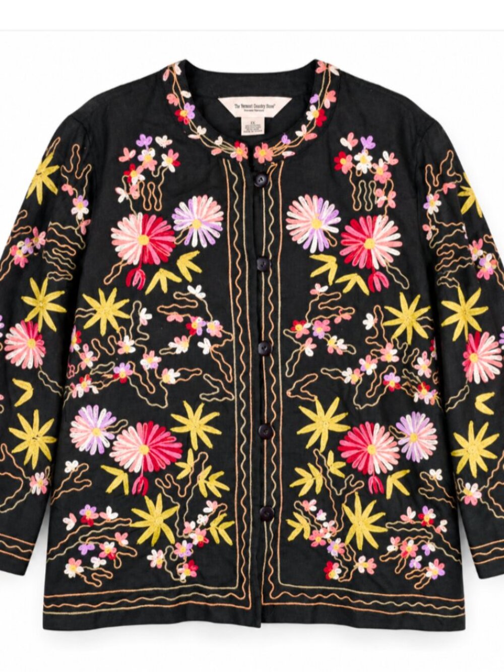 Vermont Country Store 1X Floral Embroidered Boho Linen Blend Jacket